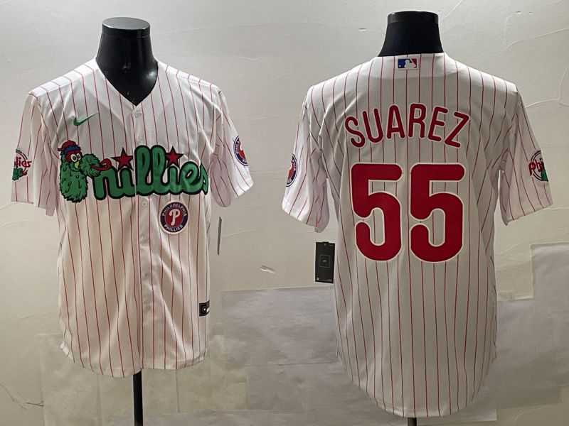 Men Philadelphia Phillies #55 Suarez White Stripe Three generations Joint Name Game 2025 Nike MLB Jersey style 5->philadelphia phillies->MLB Jersey